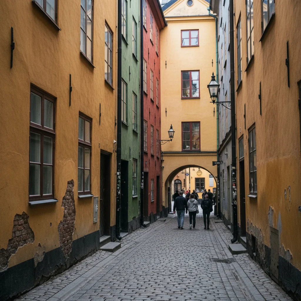 Enge Gasse in Gamla Stan Stockholm mit bunten Fassaden und Kopfsteinpflaster