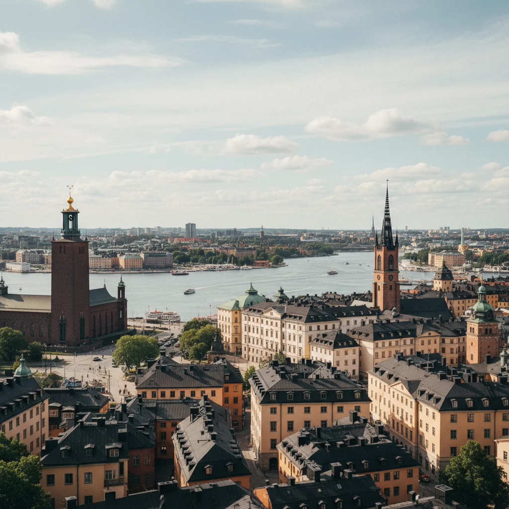 Panoramablick vom Monteliusvägen auf Södermalm über Stockholm mit Rathaus und Altstadt