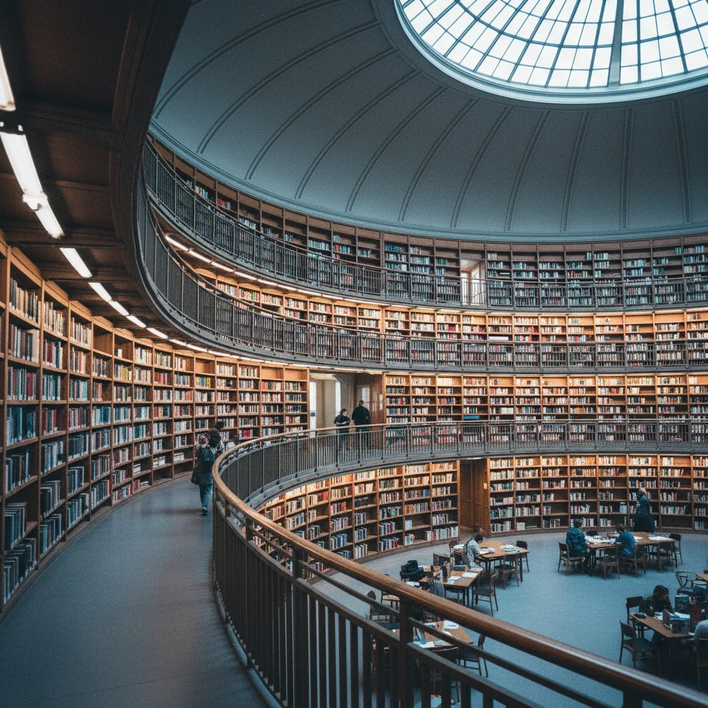Runder Innenraum der Stockholmer Stadtbibliothek von Gunnar Asplund mit Bücherregalen bis zur Decke