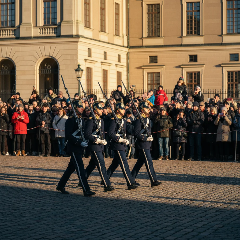 Wachablösung am Stockholmer Königspalast mit Soldaten in Uniformen und Zuschauern