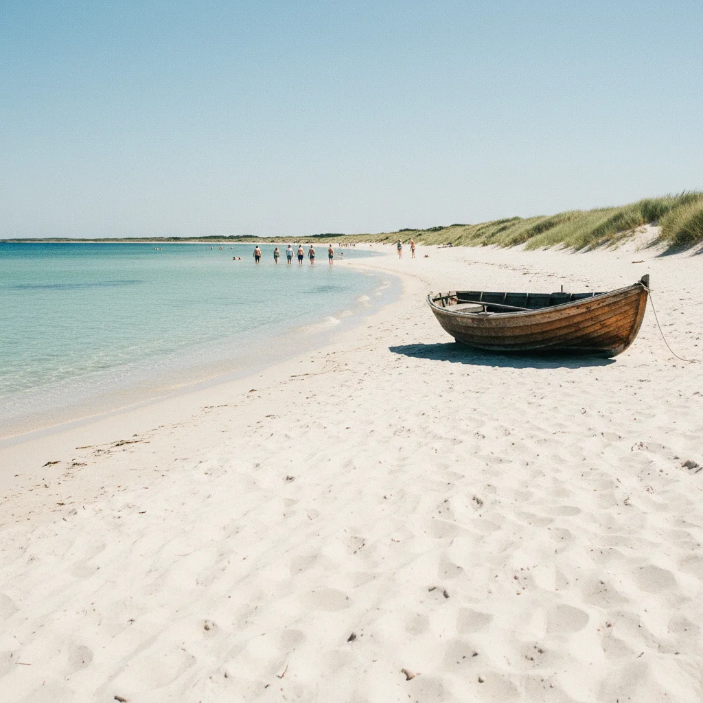 Weißer Sandstrand mit türkisfarbenem Wasser an der Südküste von Bornholm