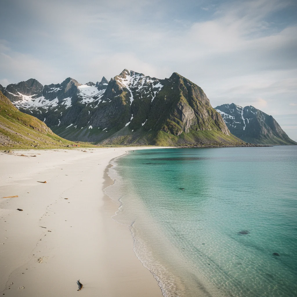 Weißer Sandstrand mit türkisfarbenem Wasser auf den Lofoten, dahinter steil aufragende Berge