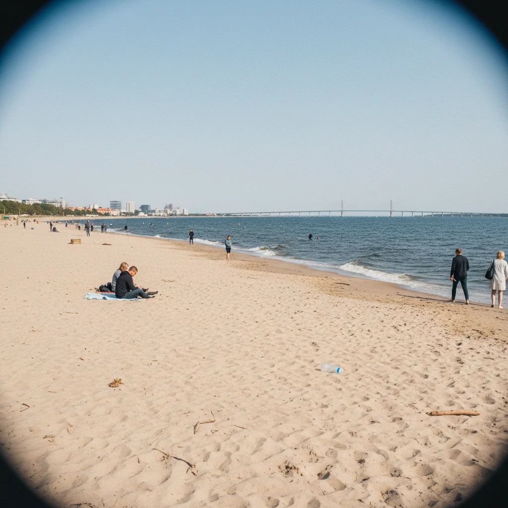 Breiter Sandstrand Ribersborg in Malmö mit Blick auf den Öresund und die Brücke