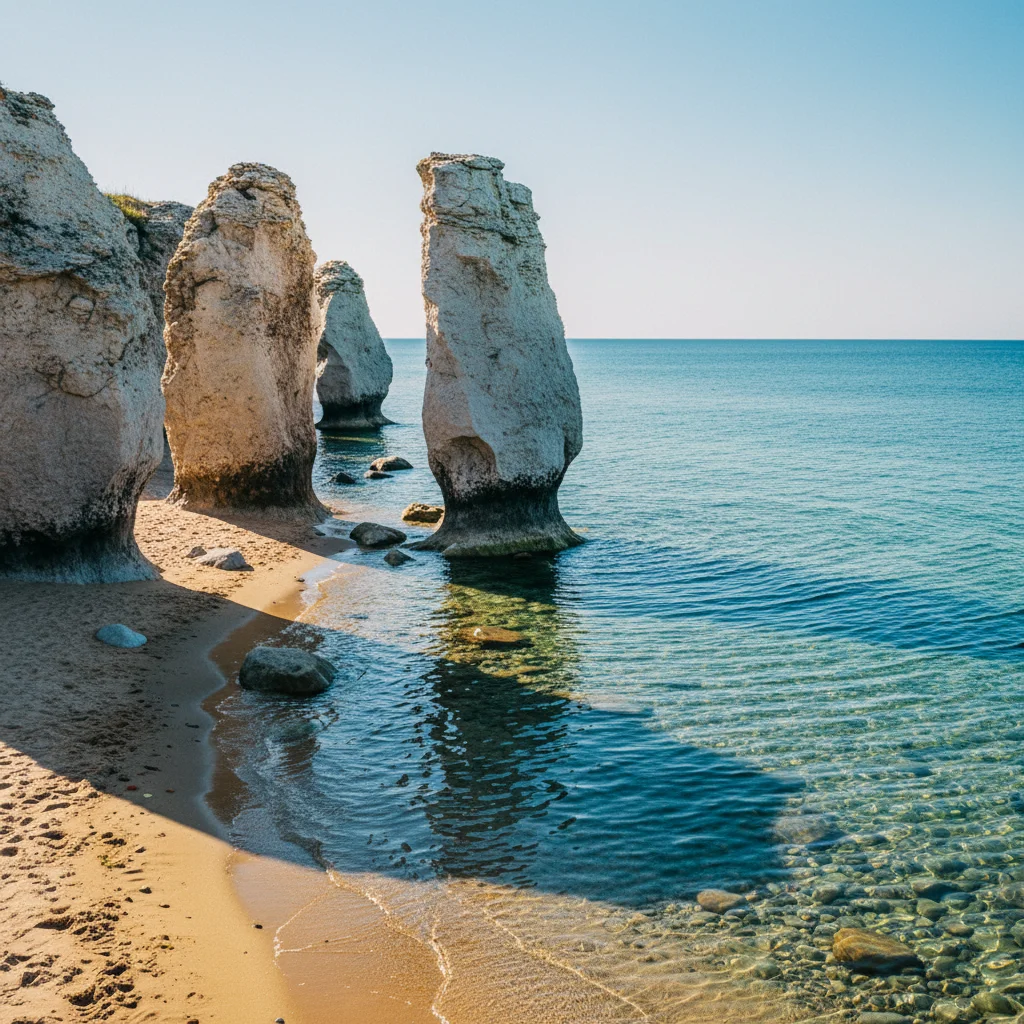 Sandstrand auf Gotland mit Kalkstein-Rauken und klarem Ostseewasser im Sommerlichen Licht