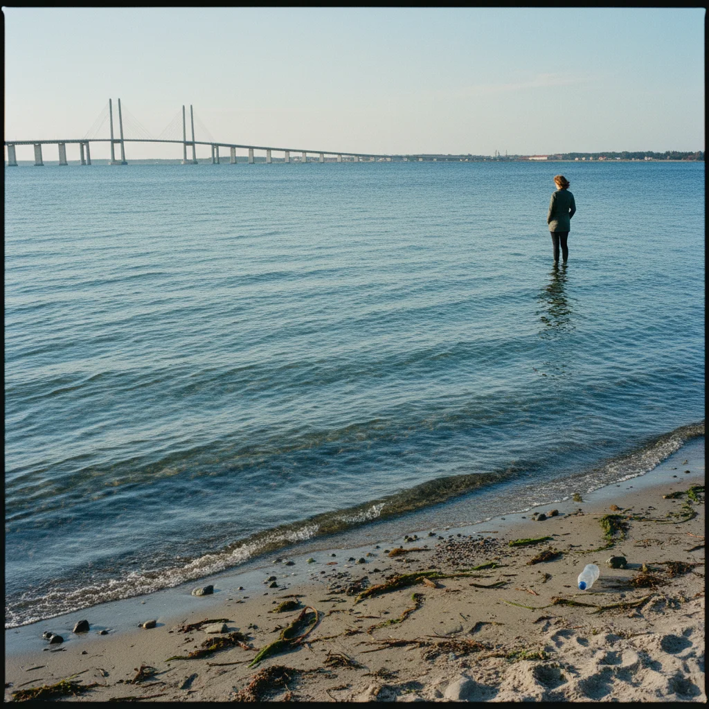Sibbarp Strand südlich von Malmö mit flachem Wasser und Blick auf die Öresundbrücke