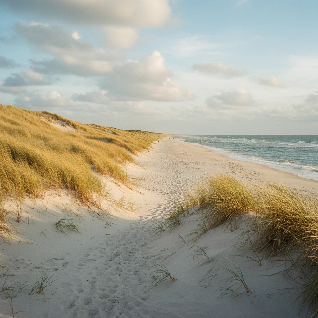 Breiter weißer Sandstrand mit hohen Dünen und Strandhafer an der dänischen Nordseeküste
