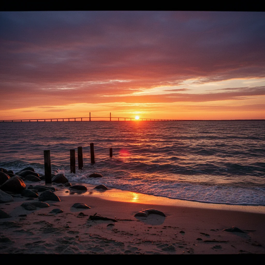 Dramatischer Sonnenuntergang über dem Öresund vom Malmöer Strand aus gesehen