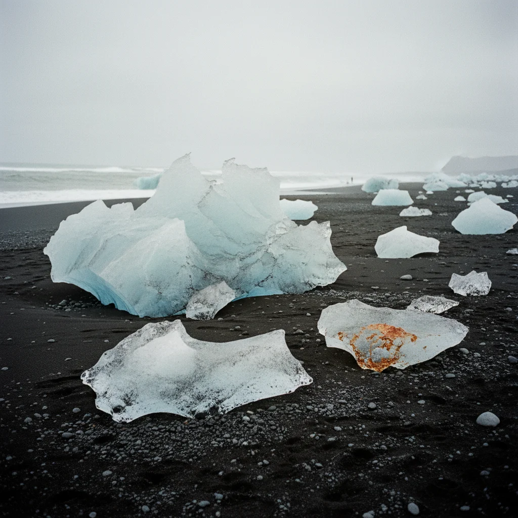 Eisbrocken auf dem schwarzen Sand am Diamond Beach bei Jökulsárlón