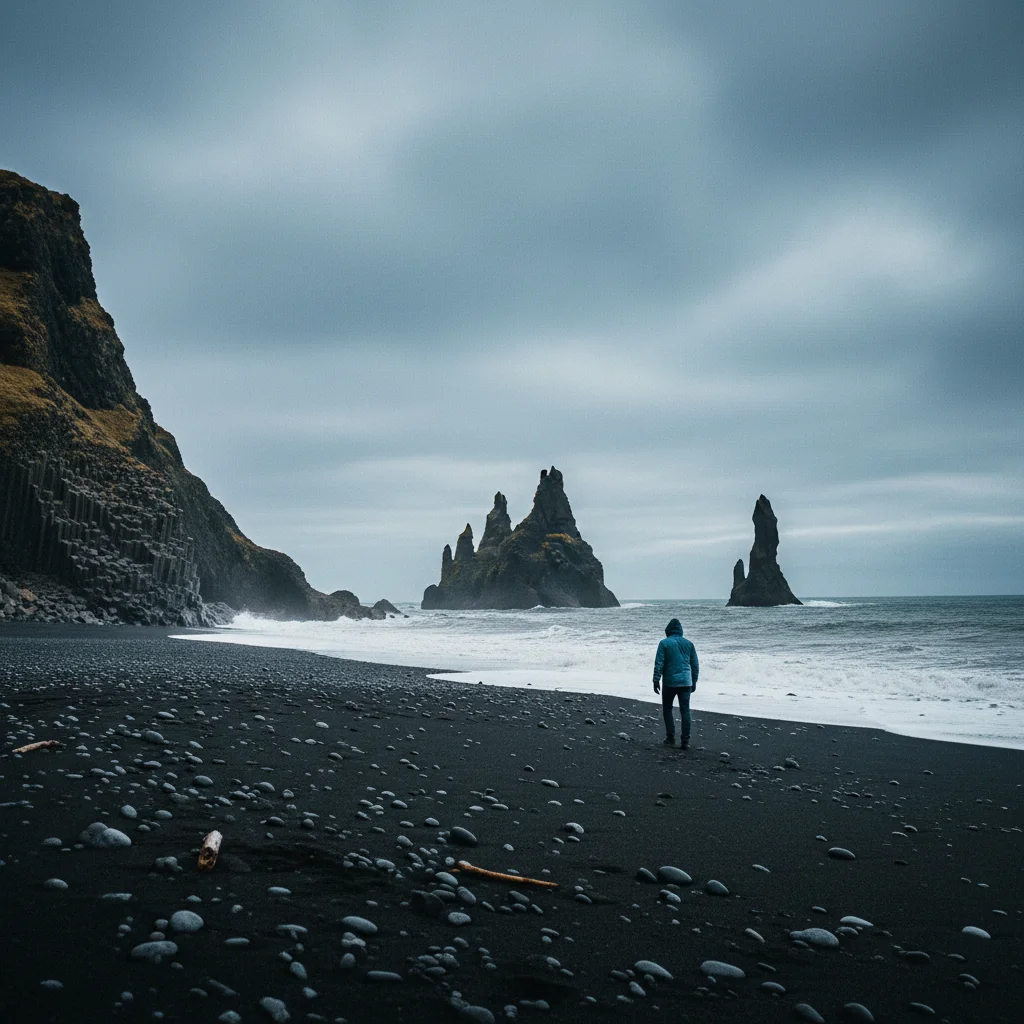 Reynisfjara schwarzer Strand mit den Reynisdrangar Felsnadeln im Hintergrund