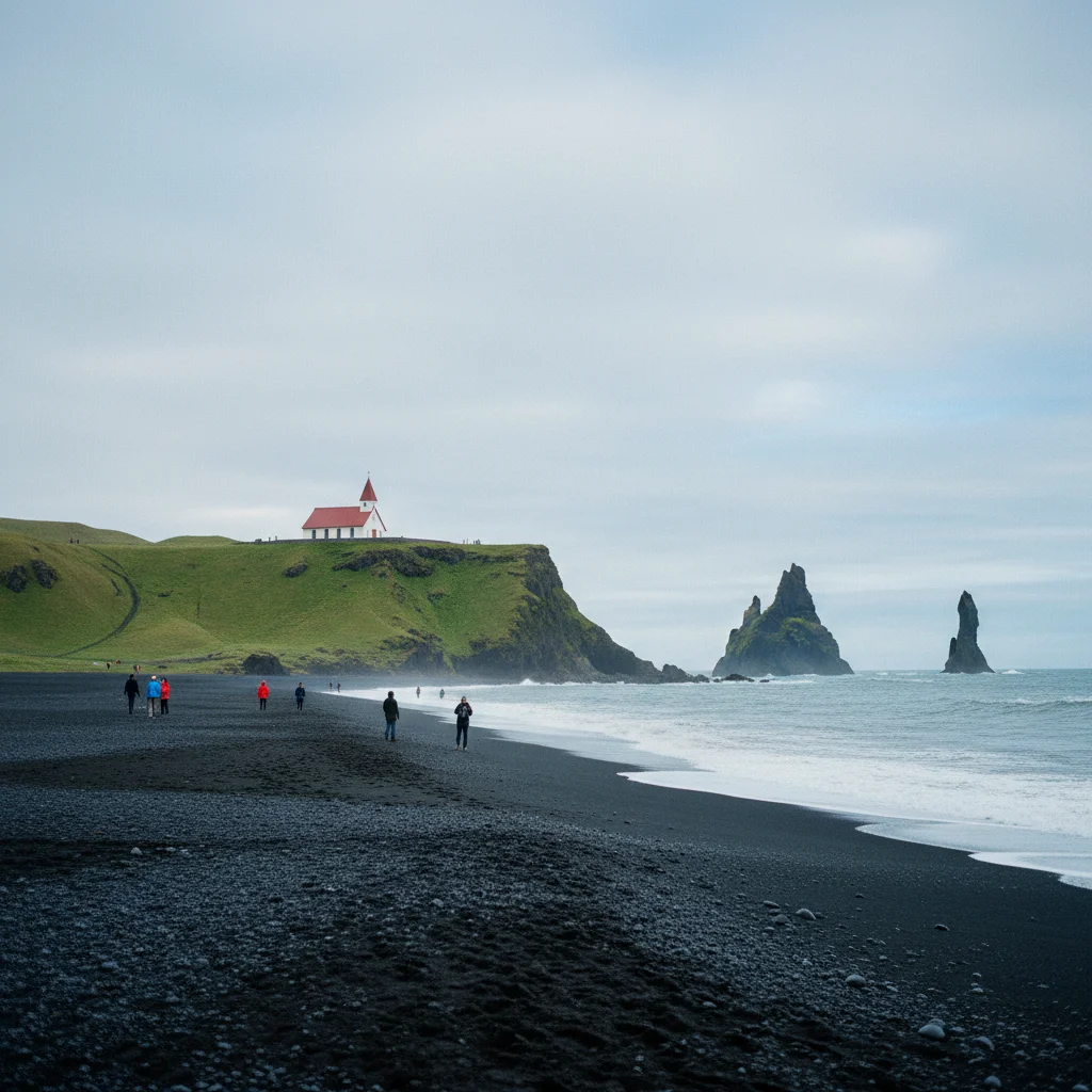 Schwarzer Strand bei Vík í Mýrdal mit der weißen Kirche auf dem Hügel