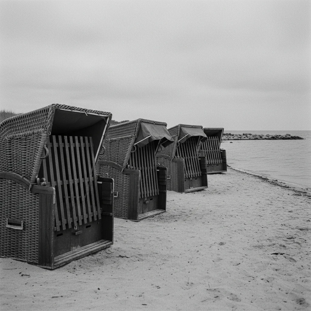 Historische Strandkörbe an der Ostsee in Schwarz-Weiß-Optik