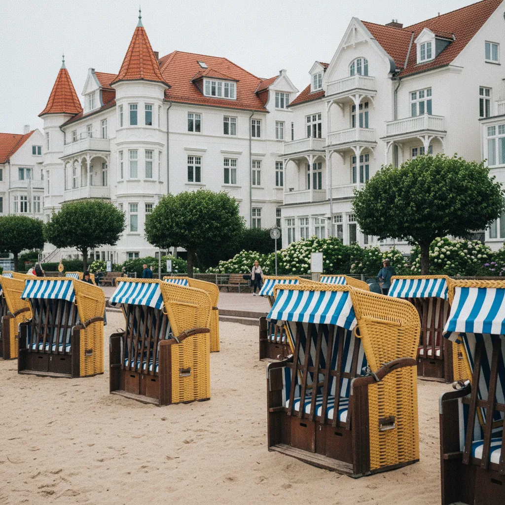 Strandkörbe vor Bäderarchitektur in einem Ostseebad