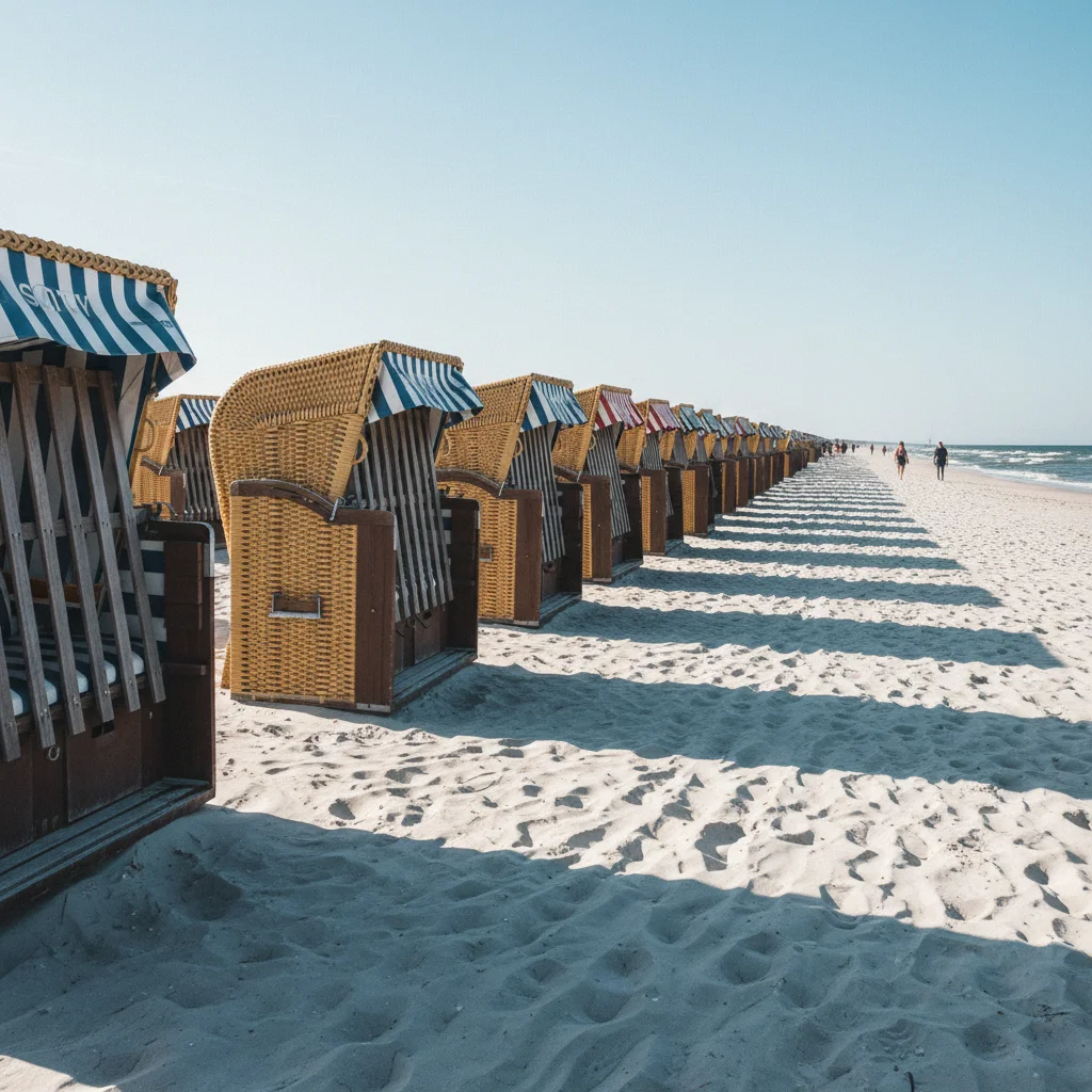 Reihen von Strandkörben an einem weißen Ostseestrand bei Sonnenschein