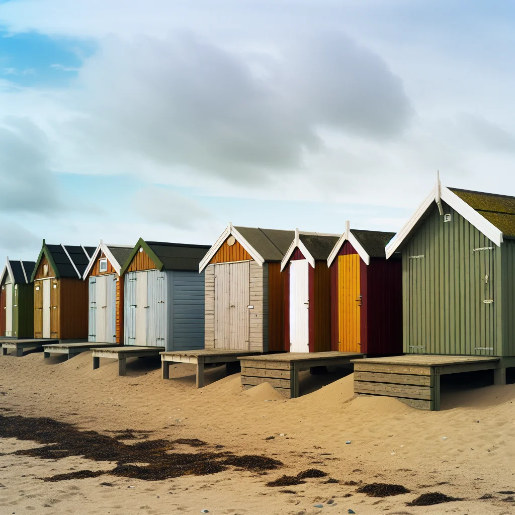 Reihe bunter dänischer Badehäuschen an einem Sandstrand mit blauem Himmel