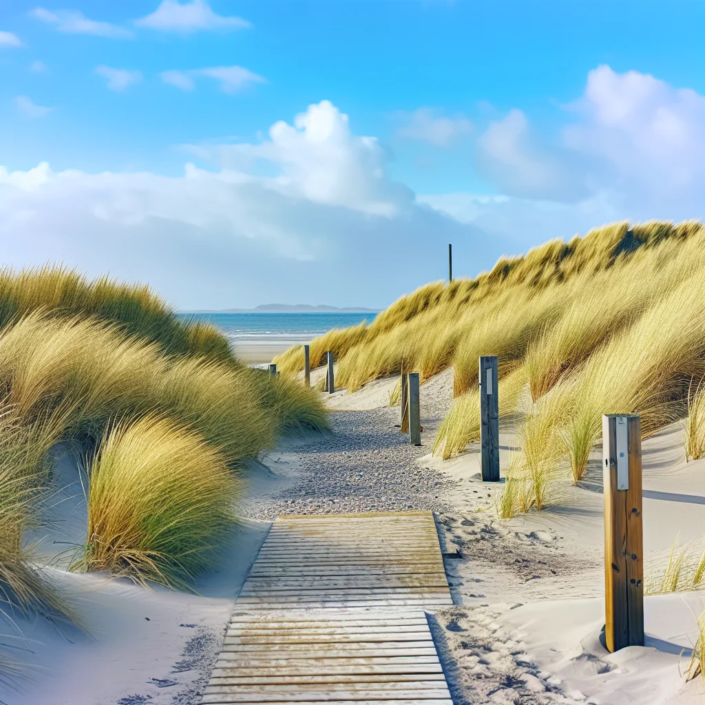 Holzsteg führt durch eine grüne Dünenlandschaft zum Strand an der dänischen Küste