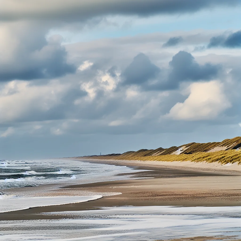 Kraftvolle Nordseewellen brechen an einem breiten dänischen Sandstrand mit Dünen im Hintergrund