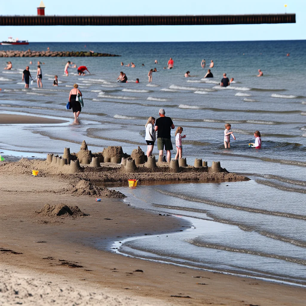 Familie mit Kindern am flachen Ostseestrand in Dänemark bei Sonnenschein