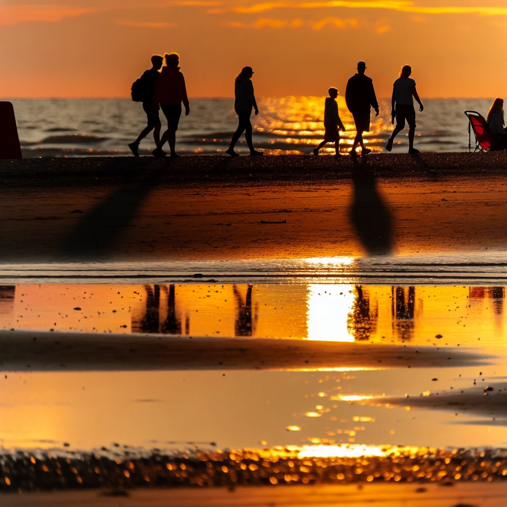 Goldener Sonnenuntergang über dem dänischen Nordseestrand mit Silhouetten am Wasser