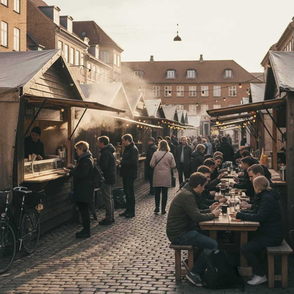 Belebter Street Food Markt in Kopenhagen mit Ständen und Besuchern