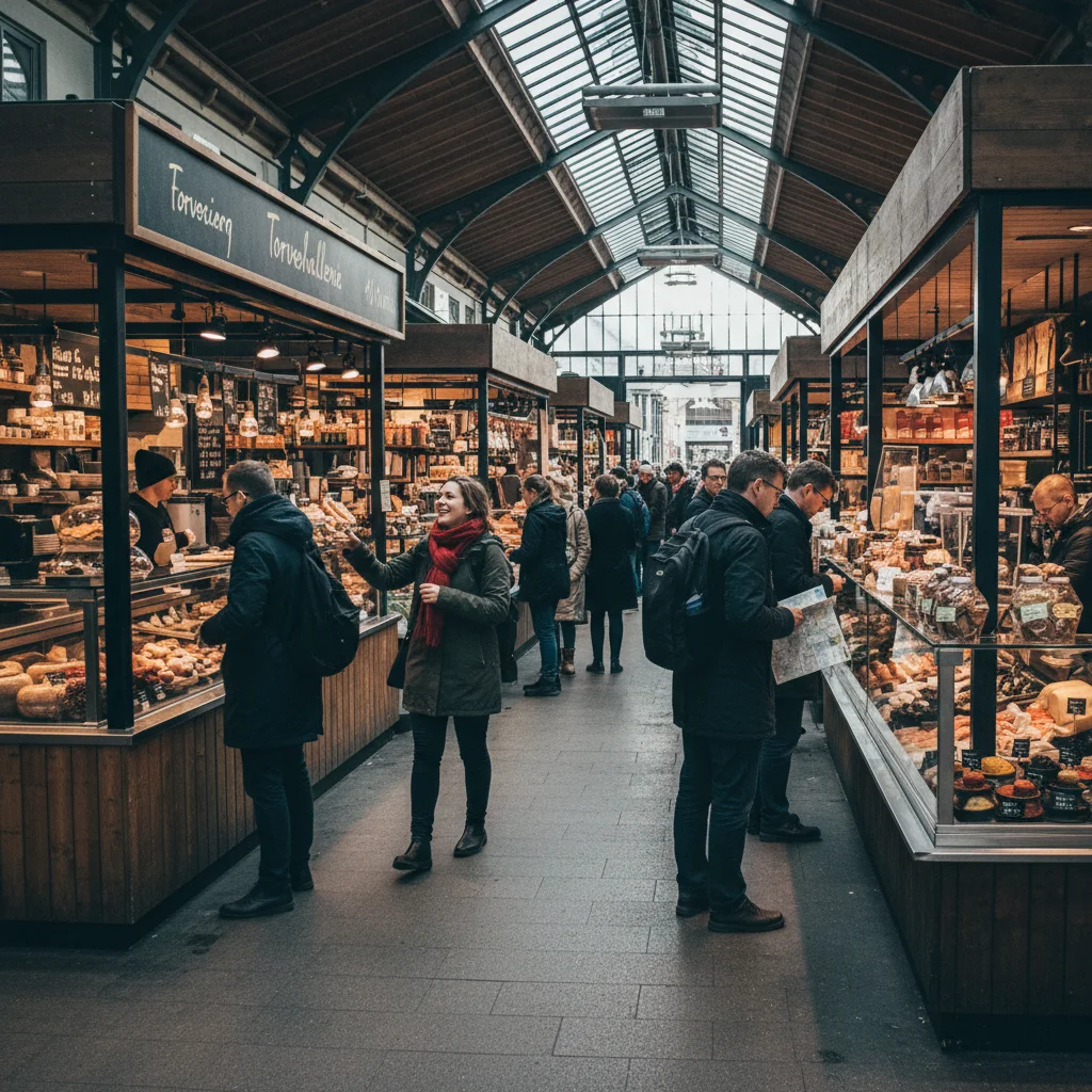 Torvehallerne Markthalle in Kopenhagen von innen mit Ständen und Besuchern