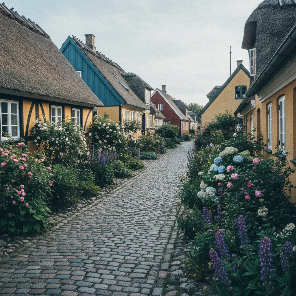 Das Dorf Strynø mit historischen Häusern und blühenden Gärten