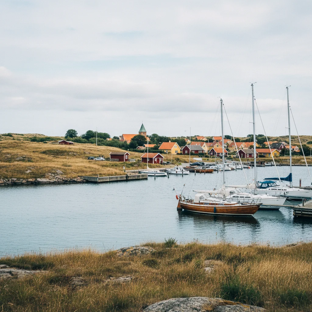 Der Naturhafen von Strynø mit Segelbooten und dem Dorf im Hintergrund