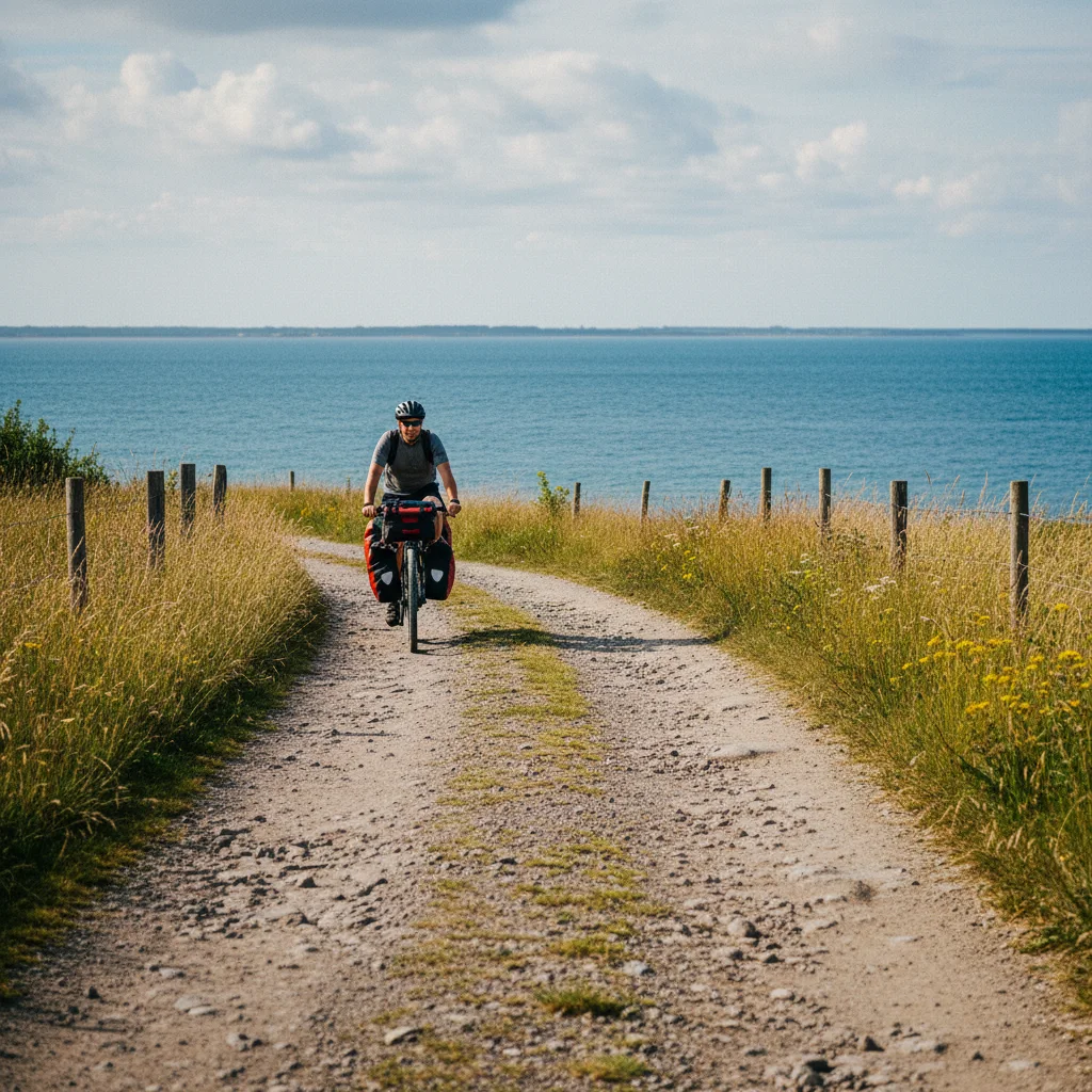 Radfahrer auf einem Feldweg auf Strynø mit Blick auf das Meer