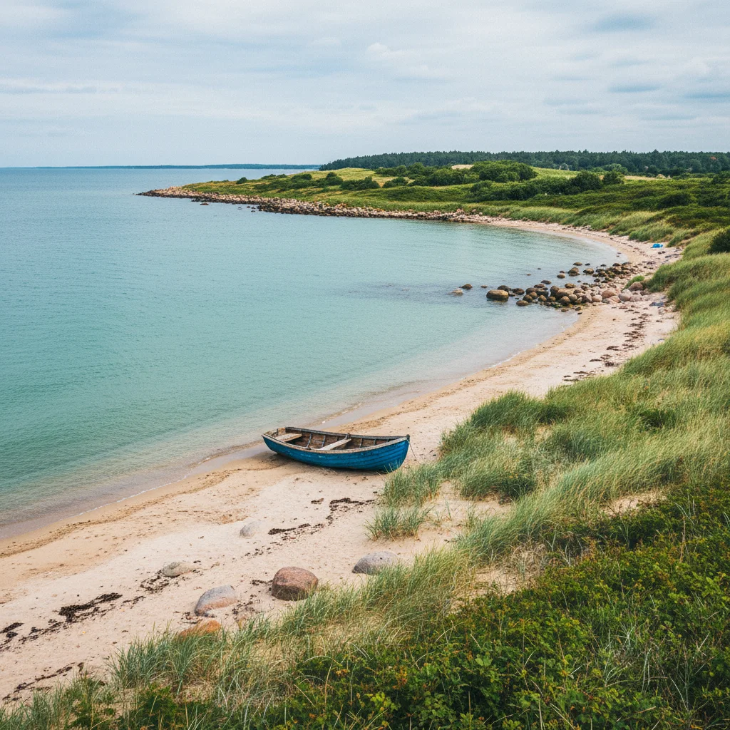 Naturstrand auf Strynø mit ruhigem Wasser und grüner Küste