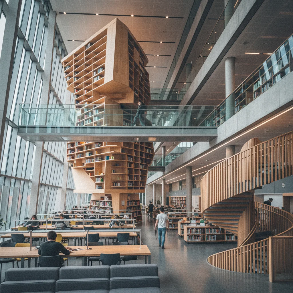 Moderne Bibliothek einer skandinavischen Universität von innen