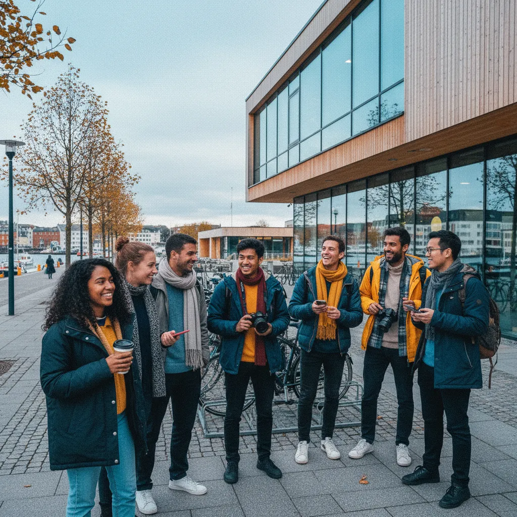 Internationale Studierendengruppe vor einer skandinavischen Universität