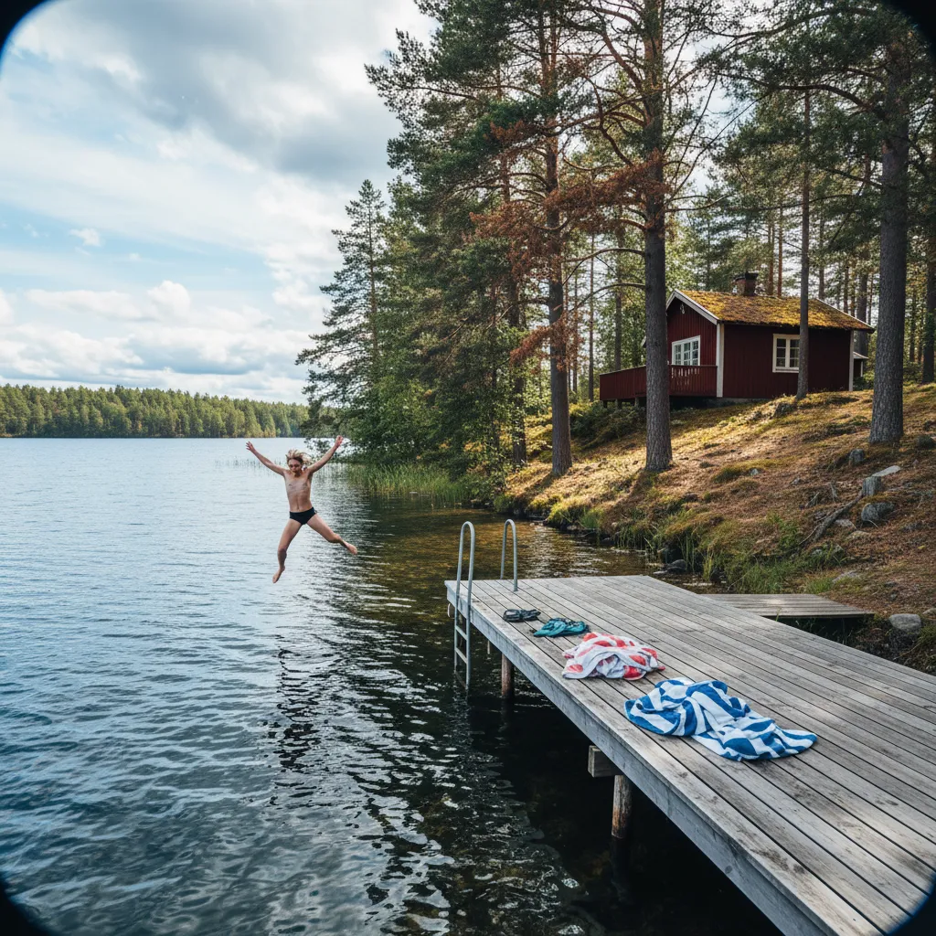 Holzsteg an einem schwedischen See vor einer Stuga mit Badeleiter