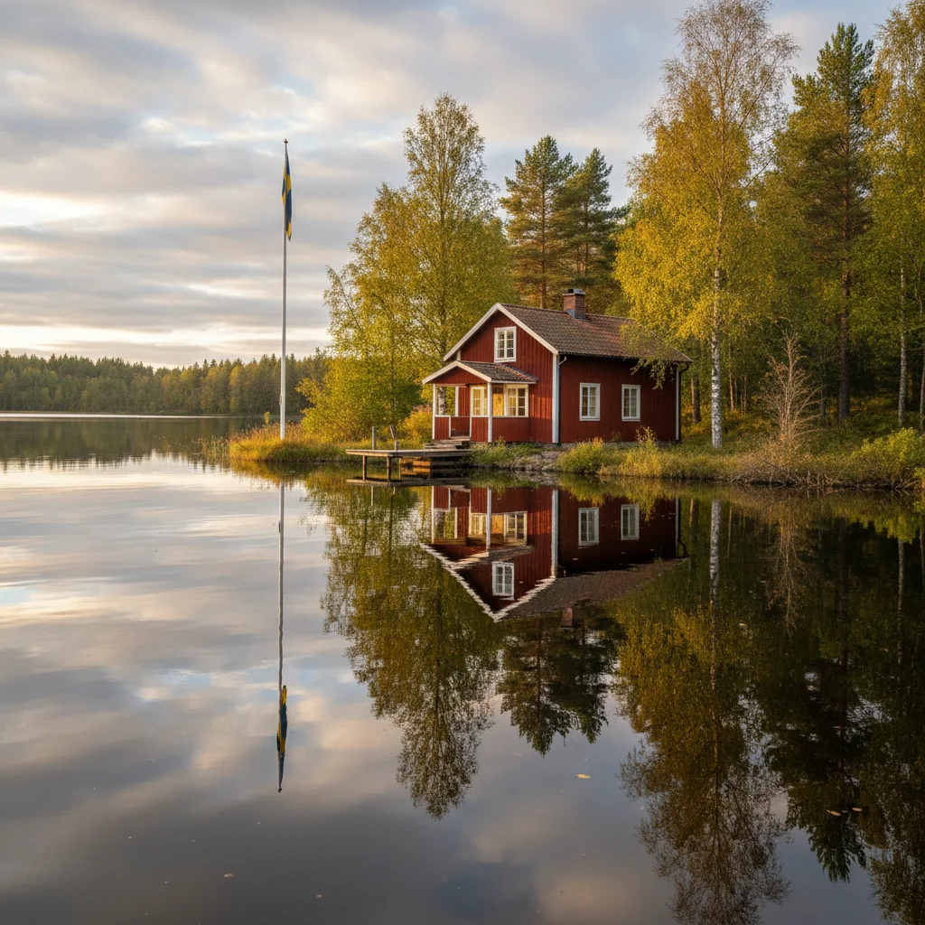 Klassische rote Stuga am See in Schweden mit weißen Fensterrahmen und Birken
