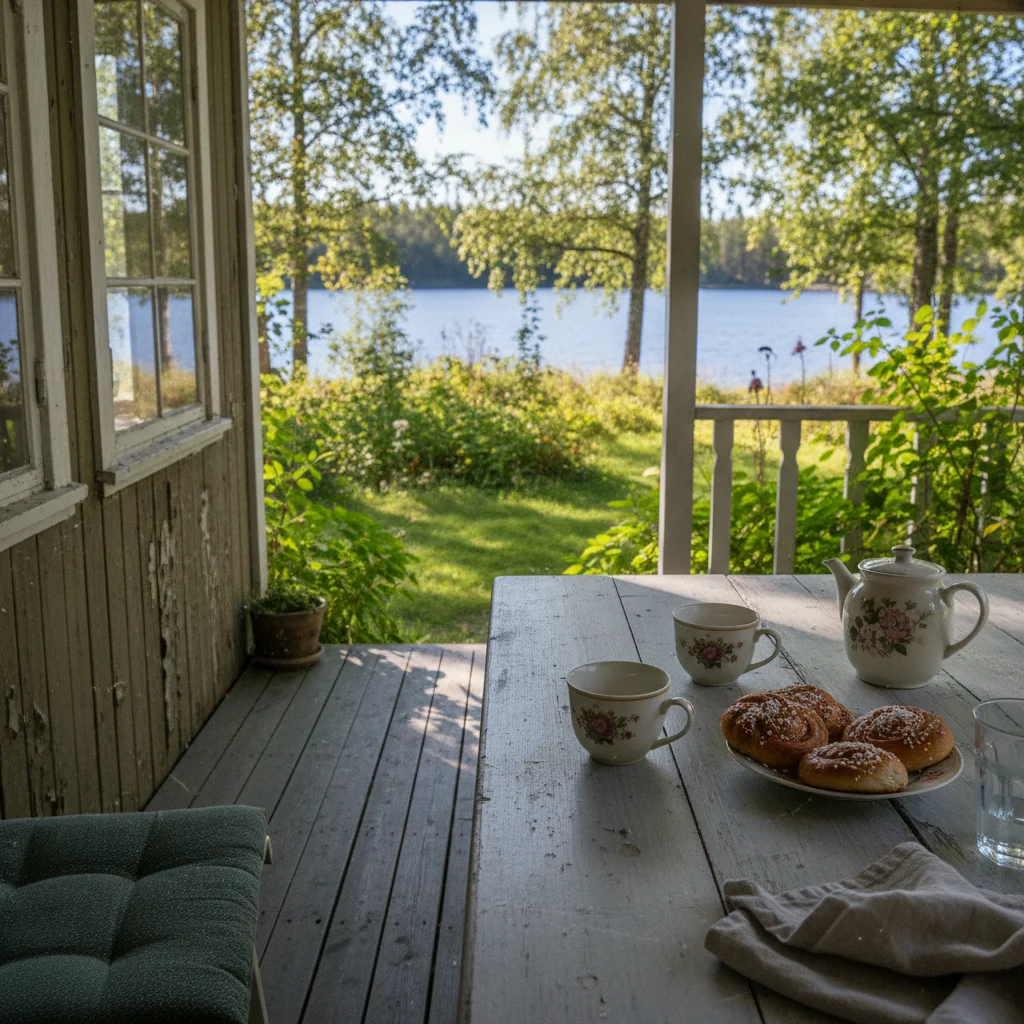 Kaffeetasse auf der Veranda einer schwedischen Stuga mit Blick auf den See