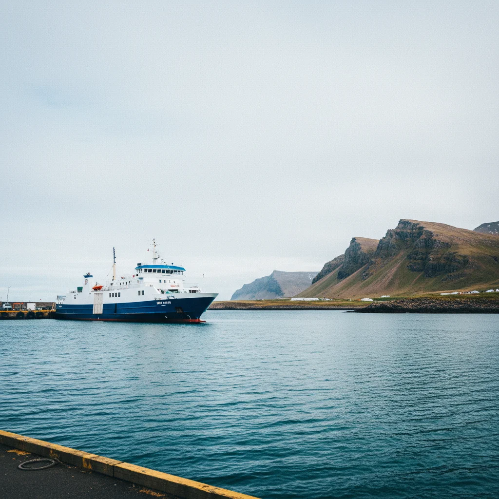 Die Fähre Baldur im Hafen von Stykkishólmur mit Blick auf die Snæfellsnes-Küste