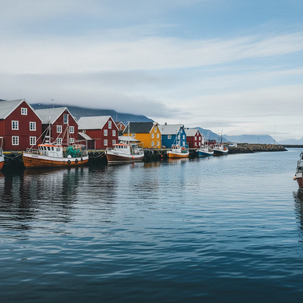 Der Hafen von Stykkishólmur mit bunten Häusern und Fischerbooten