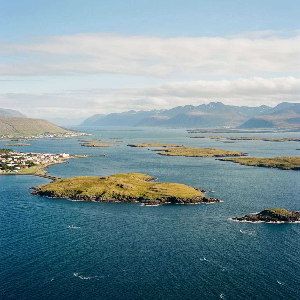 Blick über den Breiðafjörður mit zahlreichen kleinen Inseln bei Stykkishólmur