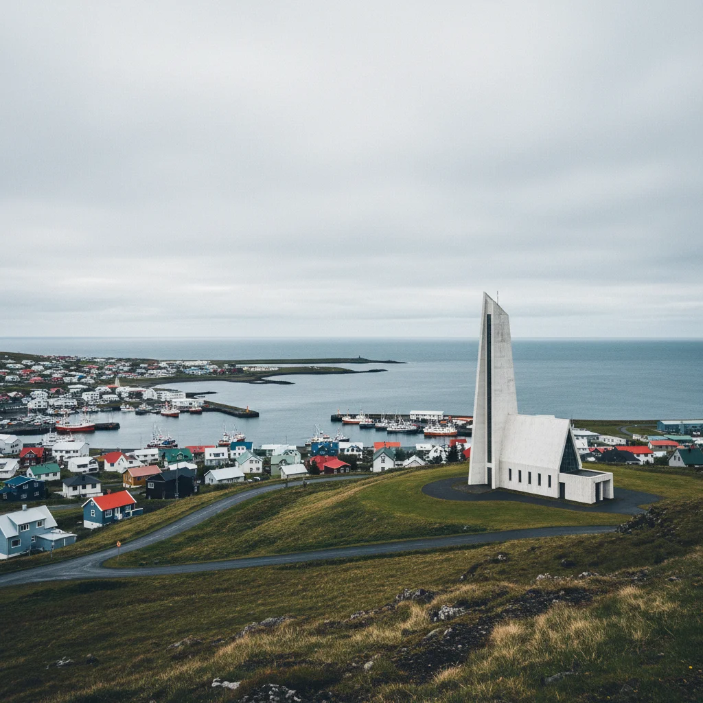 Die moderne Kirche von Stykkishólmur auf dem Hügel über dem Ort