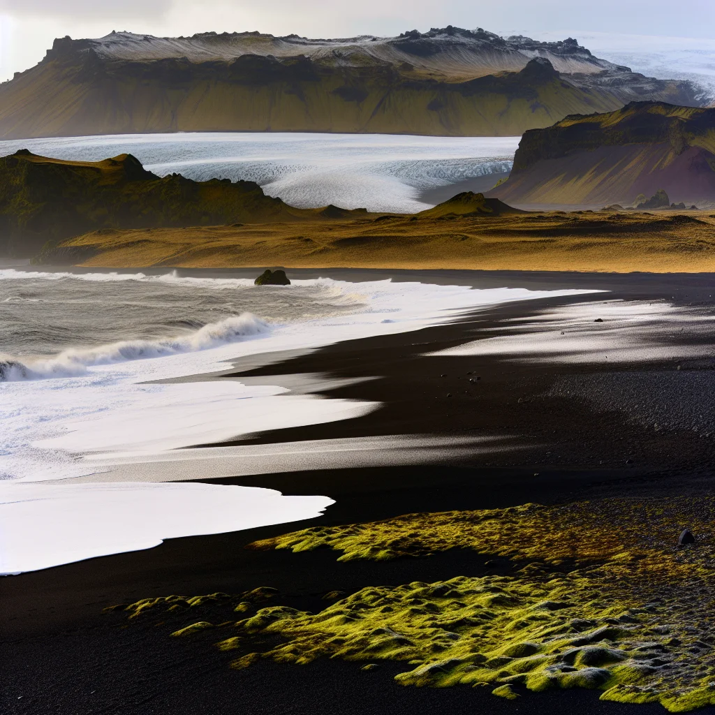 Südislands Küste mit schwarzem Sandstrand und Gletscher im Hintergrund