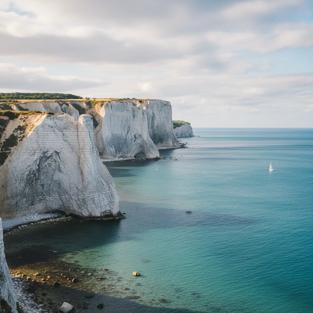 Die weissen Kreidefelsen von Møns Klint ragen über dem türkisblauen Wasser der Ostsee auf