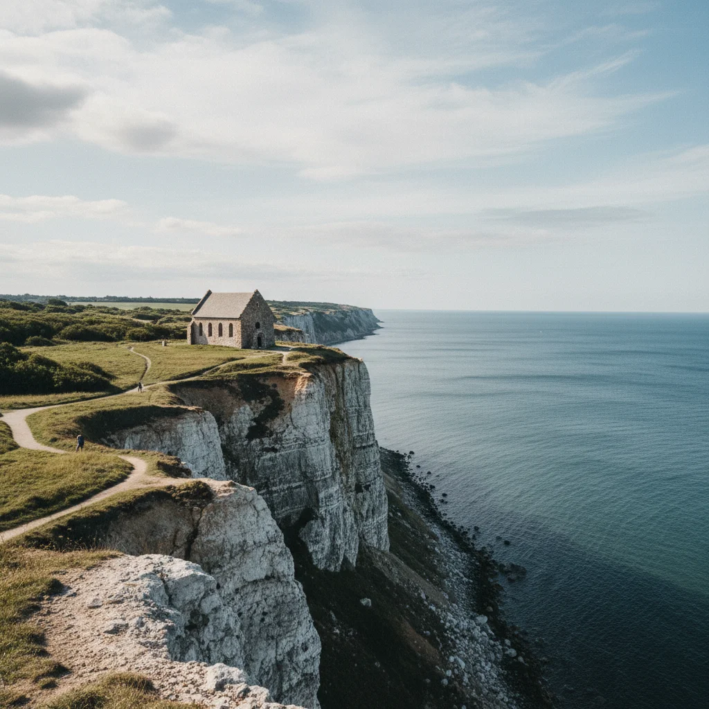 Die Kalksteinklippen von Stevns Klint mit der alten Højerup Kirche am Rand