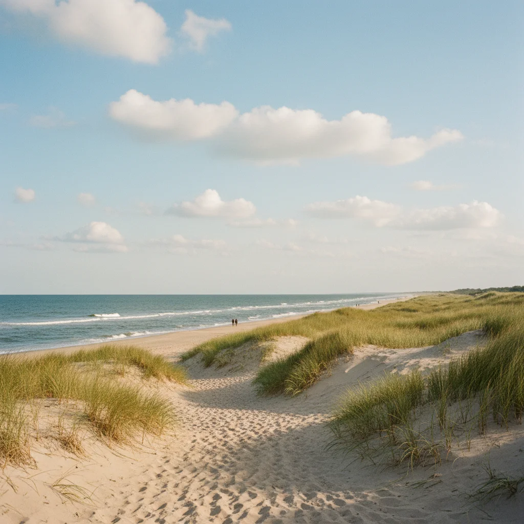 Ruhiger Sandstrand an der Südküste Seelands mit Dünen und blauem Himmel