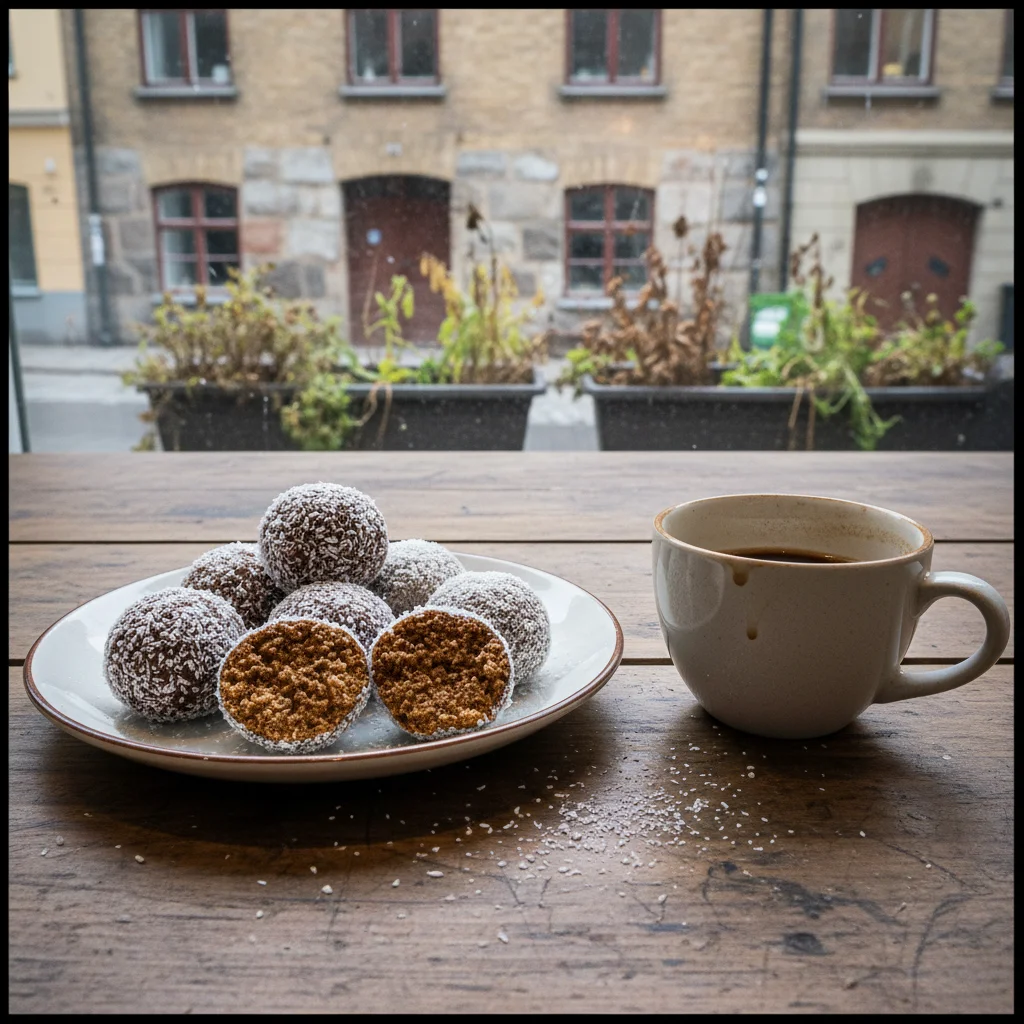 Schwedische Chokladbollar mit Kokosraspeln auf einem Teller, daneben eine Tasse Kaffee