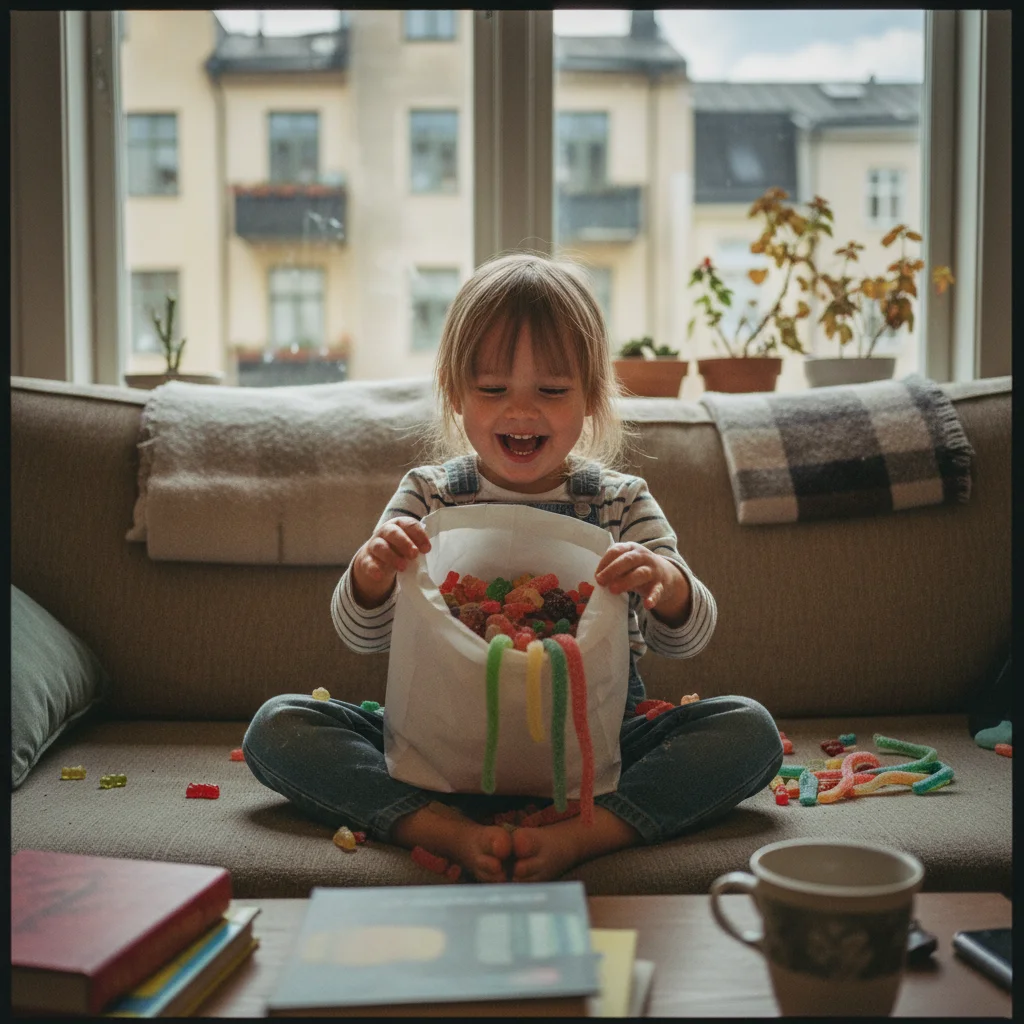 Bunte Papiertüte gefüllt mit schwedischen Lösgodis-Süßigkeiten: Gummibärchen, Lakritz, saure Schlangen