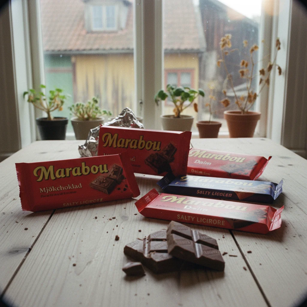 Marabou Schokoladentafeln in verschiedenen Sorten in einem schwedischen Supermarktregal