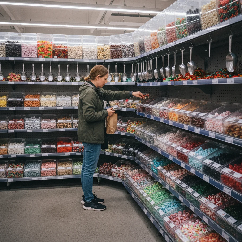 Lösgodis-Regal in einem schwedischen Supermarkt mit Dutzenden Fächern voller bunter Süßigkeiten