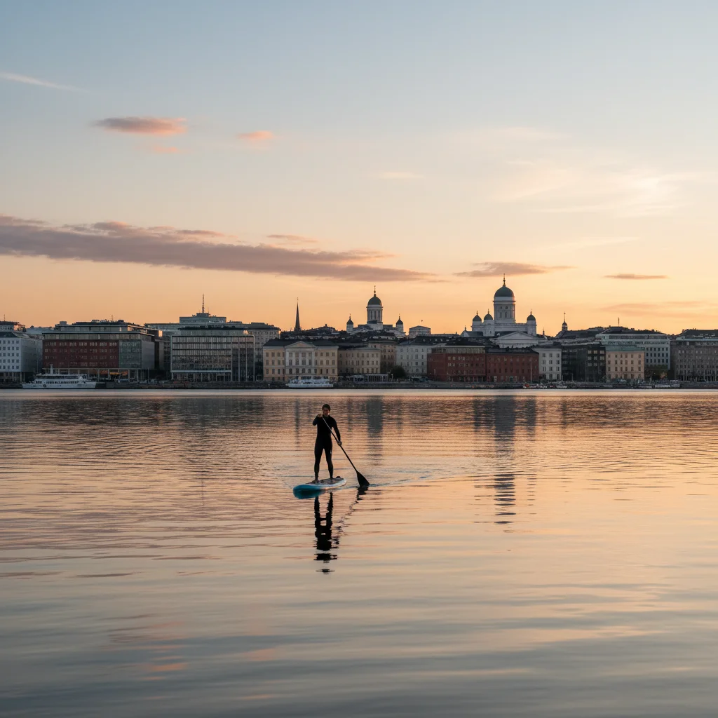 Stand-Up-Paddling vor der Skyline von Helsinki