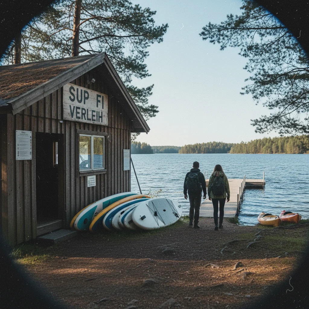 SUP-Boards am Verleih an einem finnischen Seeufer