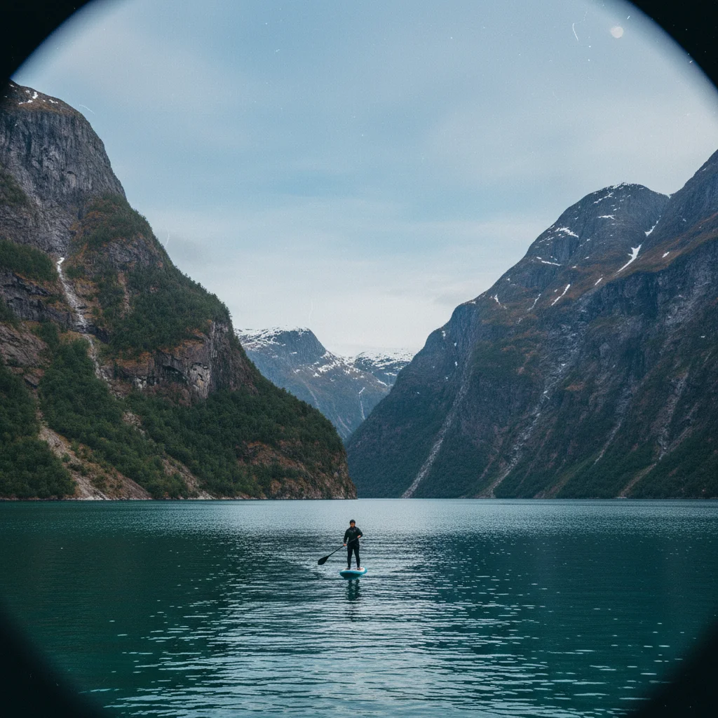 Stand-Up-Paddler auf einem ruhigen norwegischen Fjord mit Bergkulisse