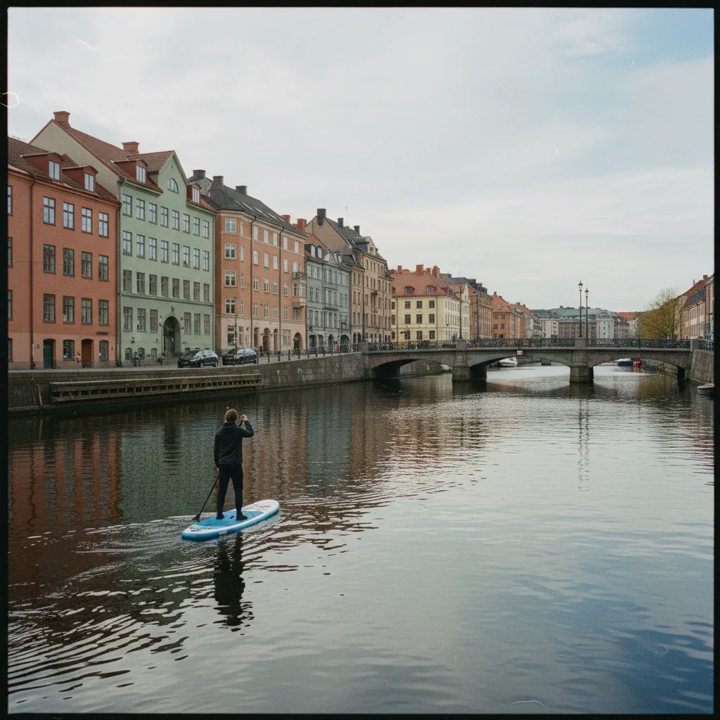 SUP auf einem Kanal in Göteborg mit Stadthäusern und Brücken
