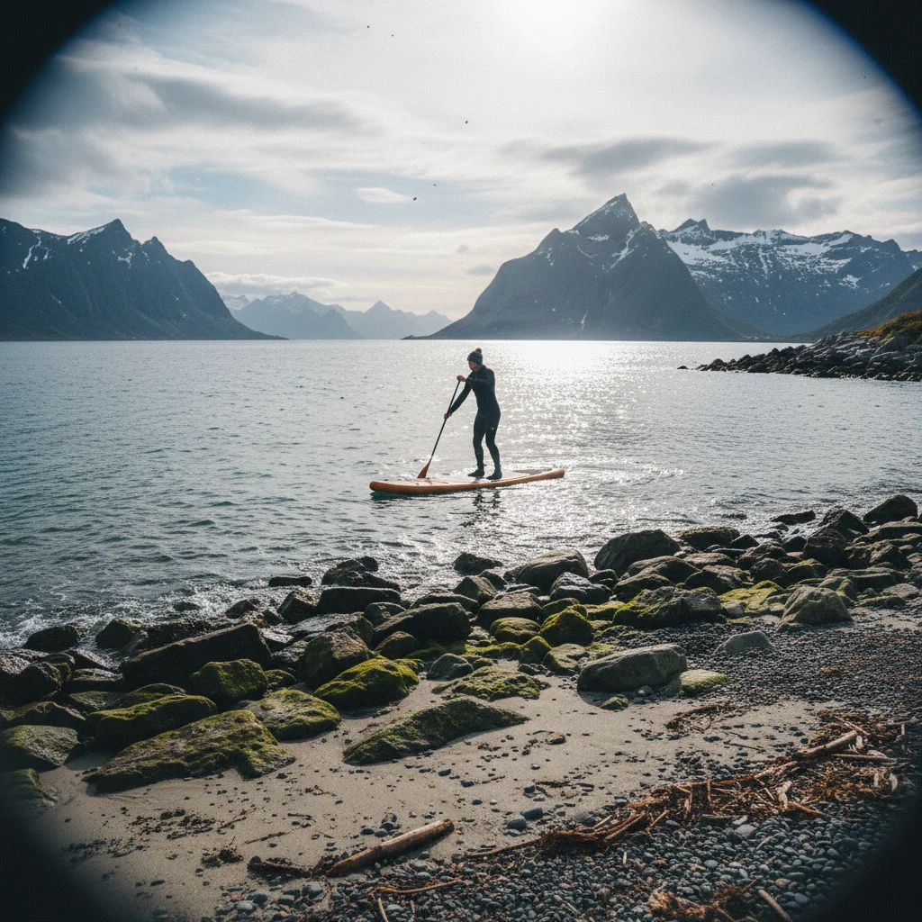 SUP-Board an einem weissen Strand auf den Lofoten